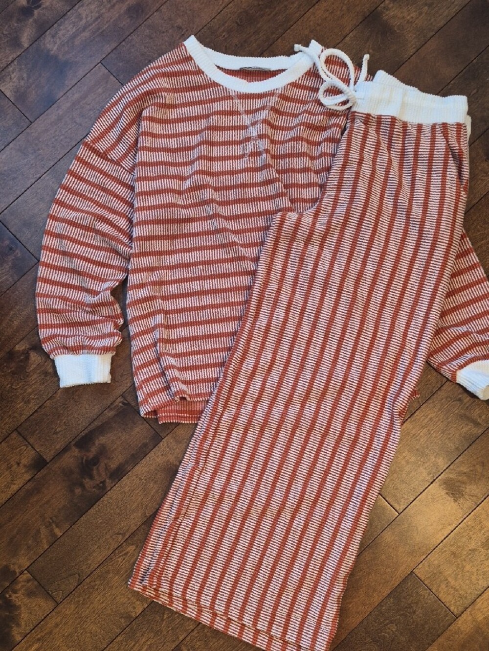 Zenana Outfitters Rust and White Striped Wide-Leg Lounge Pants - Picture 2 of 4